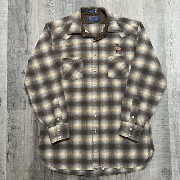 VTG Pendleton Shadow Plaid 80s/90s Beige Western Grade Pearl Snap CSU Rams Shirt - Picture 1 of 7
